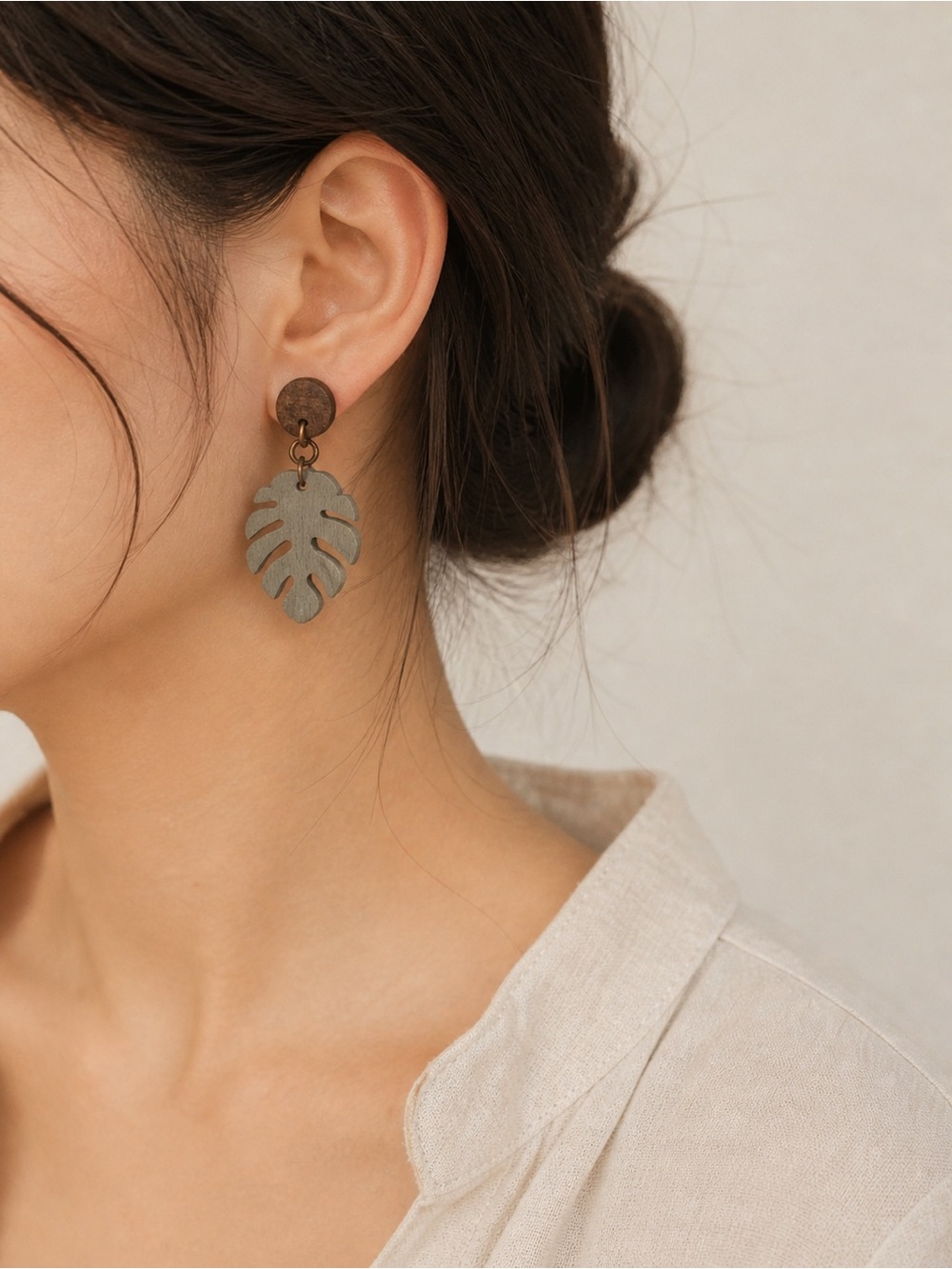 Hand Crafted Sage Green Monstera Leaf Wooden Drop Earrings